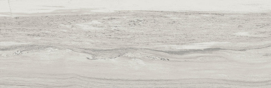 Element 4x12 Glossy Tile features a light gray and white textured surface with subtle horizontal streaks and wavy patterns, resembling natural stone or marble, enhanced by layered detailing for an elegant glossy finish.
