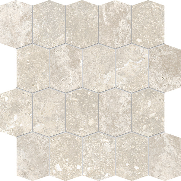 Stream Elongated Hex Porcelain Tile features beige and light gray tones in a honeycomb pattern, showcasing subtle natural variations and textures that replicate authentic travertine.
