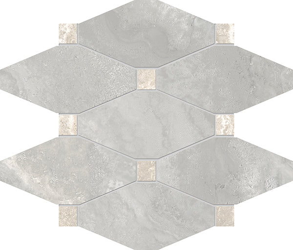 The Stream Elongated Octagon Porcelain Tile features large gray octagonal tiles with a marble-like, travertine texture, arranged in a honeycomb pattern and separated by small beige squares.