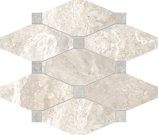 The Stream Elongated Octagon Porcelain Tile features a light beige and gray geometric pattern with large octagons and small square accents, all with a marbled stone texture.