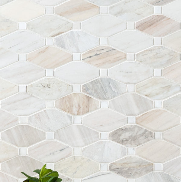 Angora Elongated Octagon Mosaic tiles in elongated octagon shapes form a stylish geometric wall pattern, with a green succulent partially visible at the bottom.