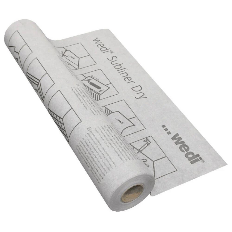 The Wedi Subliner Dry Membrane is a thin, flexible waterproofing sheet with printed instructions and diagrams, perfect for tile laying and other construction applications requiring reliable moisture protection.