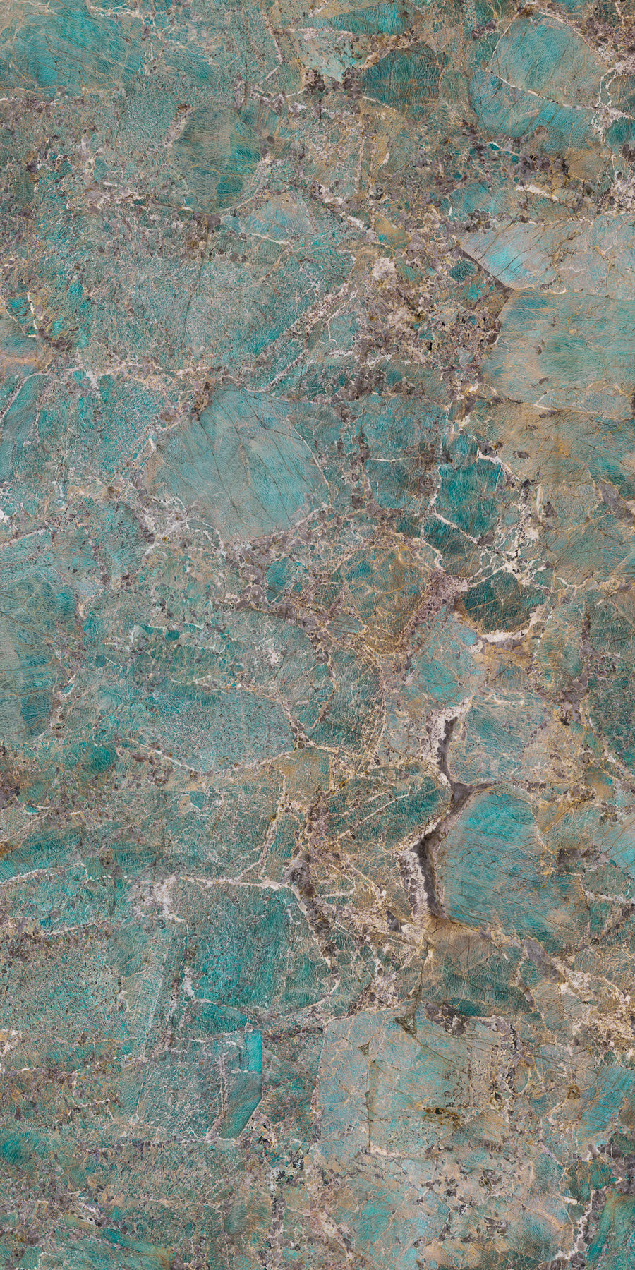 Close-up of Porcelain Slab showcasing a turquoise stone look with blue-green, brown, and gold tones, plus natural veining—perfect for seamless surfaces without grout lines.