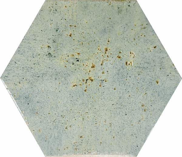 Emerge 8x9 Hexagon Porcelain Tile in Sprout features a light blue-gray shade with subtle speckles and scattered brownish spots, offering natural variation for a textured, slightly rustic look.