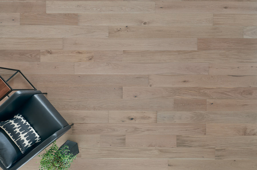 Overhead view of light wood flooring with visible grain, a black leather chair in the lower left corner, a patterned cushion, a small side table, and a potted plant beside the chair.
