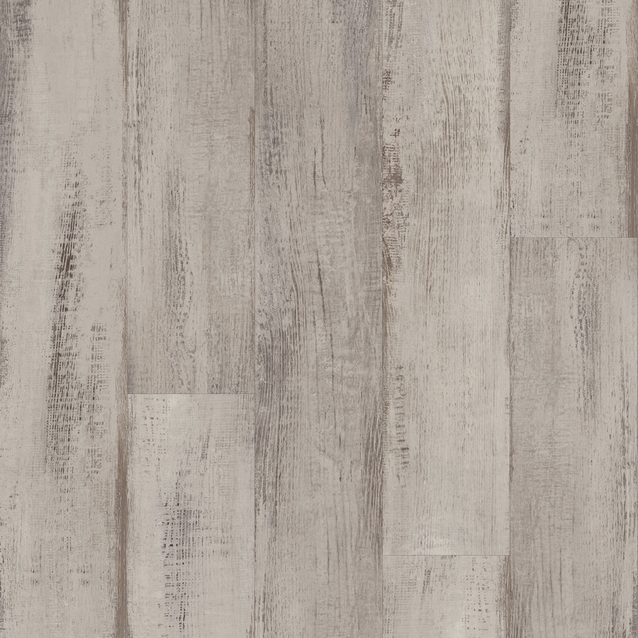 Close-up of distressed light gray planks with visible grain—Endura 5C Plus 7" Vinyl offers a luxury wood-look design, featuring subtle color variations for a weathered, rustic appearance.