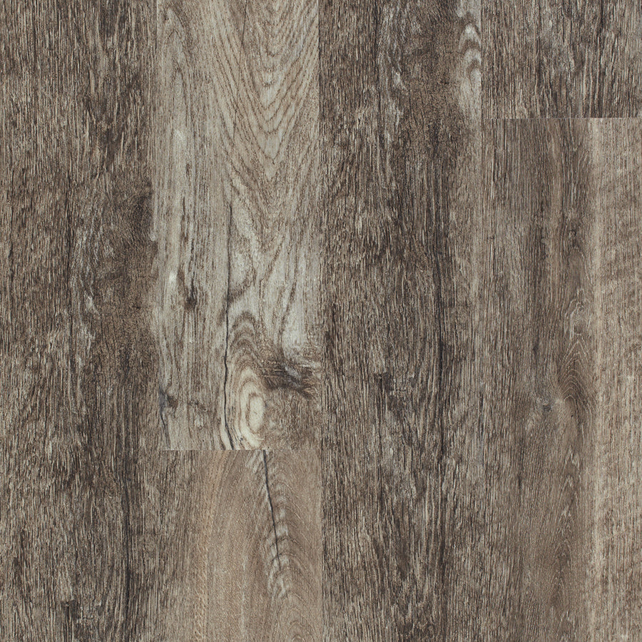 Close-up of Endura 5C Plus 7" Vinyl flooring, featuring wood grain textures in brown and gray with visible knots and natural patterns for a durable, rustic, and weathered wood-look design.