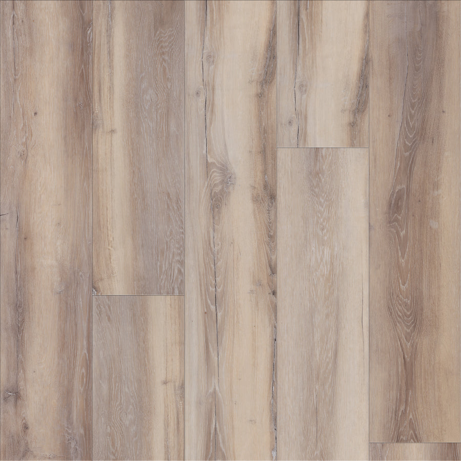 Coretec Plus Premium Vinyl features light brown tones, a natural grain pattern with subtle knots, and a staggered layout. Durable and waterproof, it offers beige to tan shades for a rustic yet modern style.
