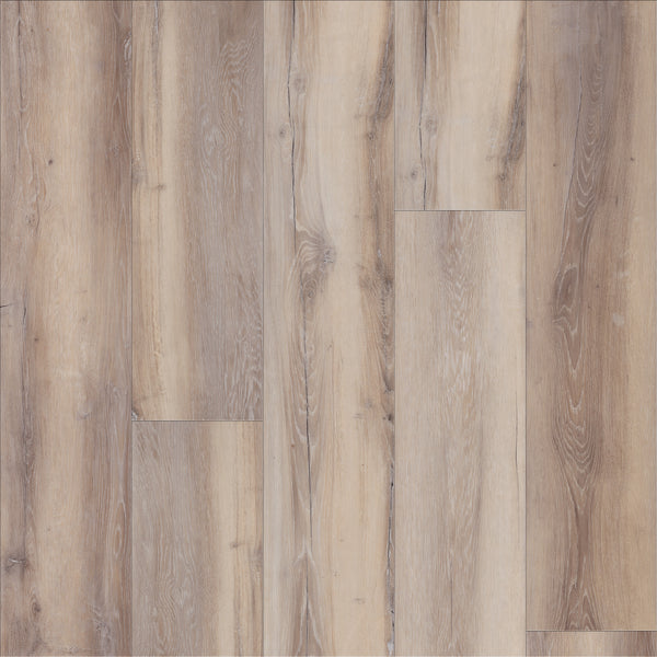 Coretec Plus Premium Vinyl features light brown tones, a natural grain pattern with subtle knots, and a staggered layout. Durable and waterproof, it offers beige to tan shades for a rustic yet modern style.