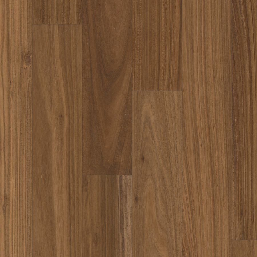 Close-up of Harvest Glow 7 1/2" European Walnut Hardwood in Farrow, showcasing medium brown tones with natural grain patterns and knots visible on the wide planks, arranged in a staggered pattern.
