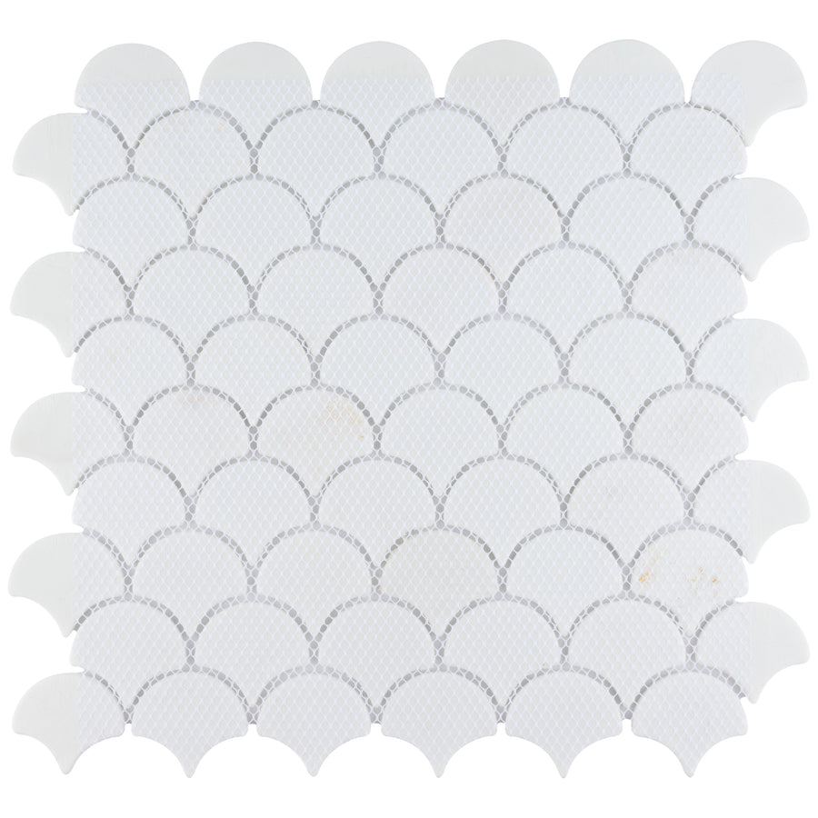 The Escala Mosaic Ceramic Tile sheet features a repeating fish scale pattern with small textured details on each premium white tile and light grey grout lines.