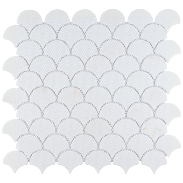 The Escala Mosaic Ceramic Tile sheet features a repeating fish scale pattern with small textured details on each premium white tile and light grey grout lines.