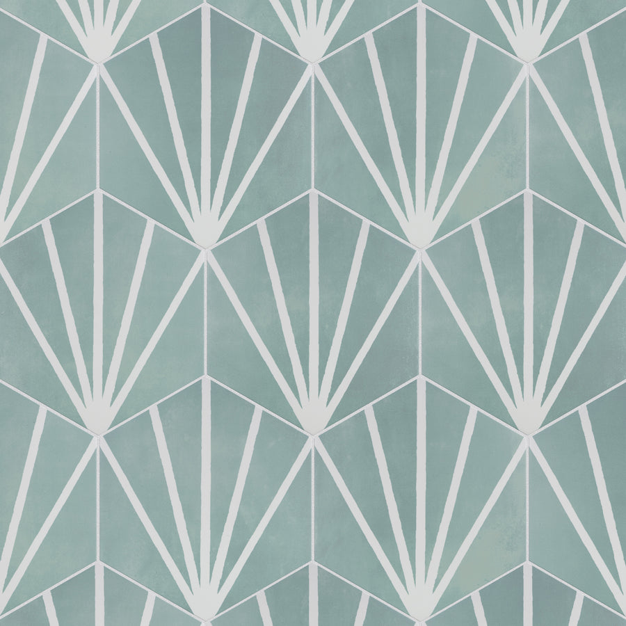 Geometric pattern with white lines forming fan shapes and intersecting hexagons on a teal background, creating a repeating, art deco–style design.