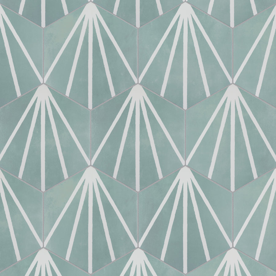 Geometric pattern with teal hexagons, each featuring white lines radiating from one corner, creating a repeating, fan-like design across the image.