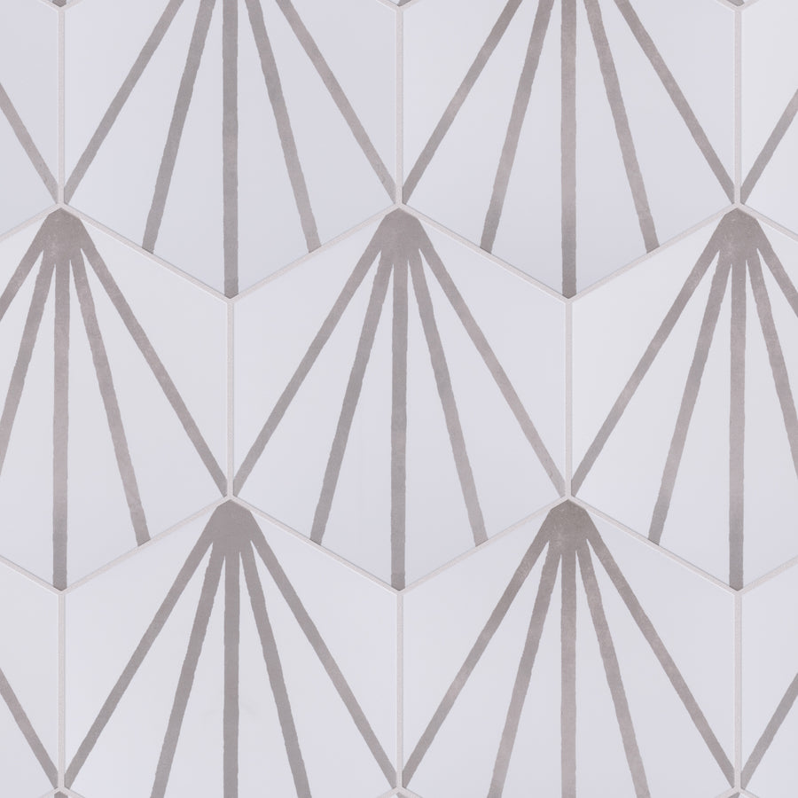 Geometric pattern of hexagonal tiles, each with thin, radiating gray lines forming a fan-like design on a white background. The repeating shapes create a modern, symmetrical look.