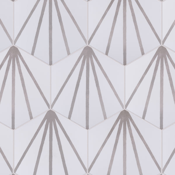 Geometric pattern of hexagonal tiles, each with thin, radiating gray lines forming a fan-like design on a white background. The repeating shapes create a modern, symmetrical look.