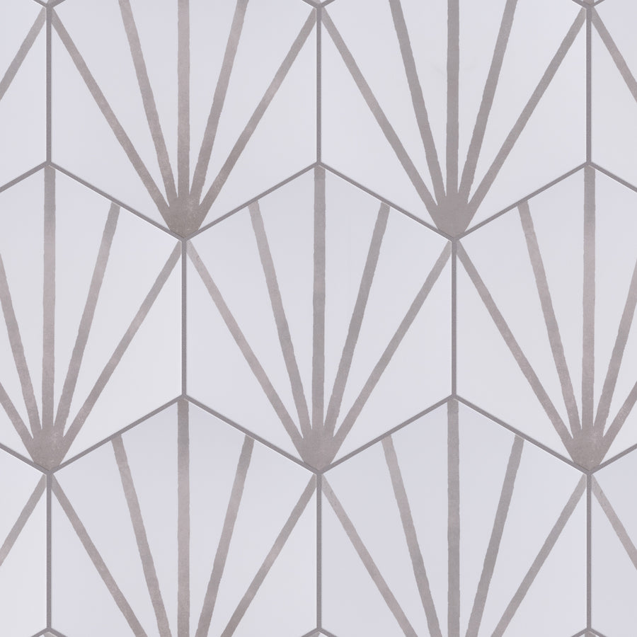 A geometric pattern with hexagons and radiating lines in light gray and white, creating a modern, symmetrical, and abstract design.