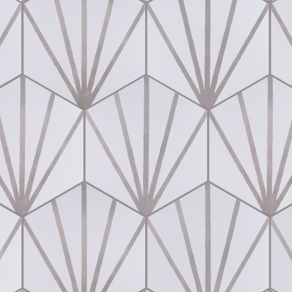 A geometric pattern with hexagons and radiating lines in light gray and white, creating a modern, symmetrical, and abstract design.