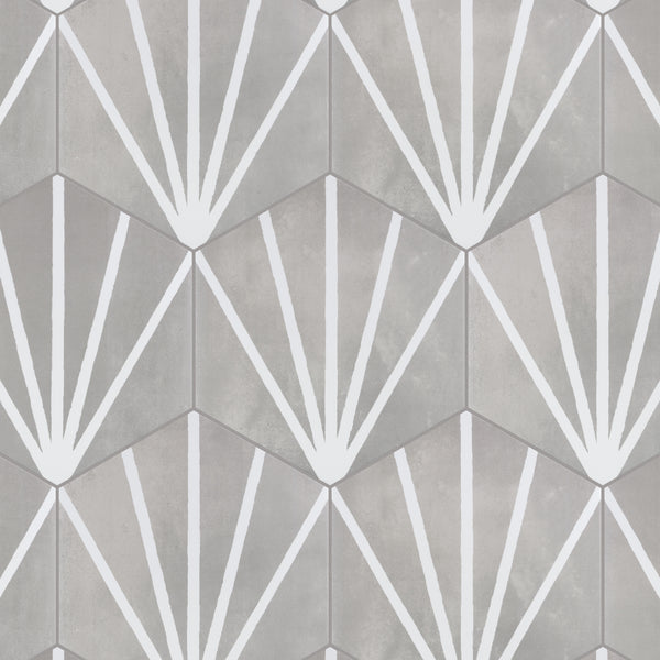 A geometric tile pattern featuring gray hexagons with white fan-shaped lines radiating from the bottom center of each tile, creating a repetitive, modern, and symmetrical design.