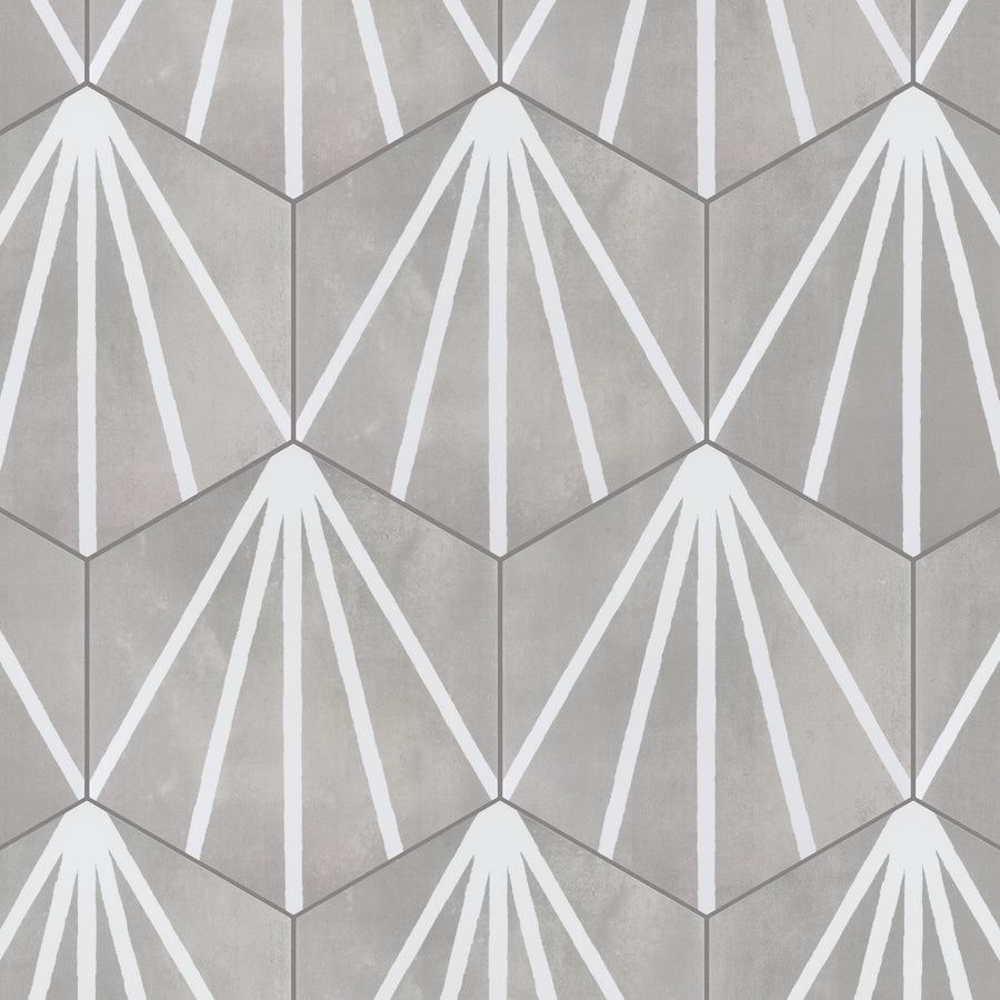 Hexagonal tiles in shades of gray with white radiating lines forming geometric, fan-like patterns, creating a repeating, modern, and symmetrical design.