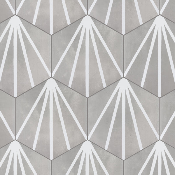 Hexagonal tiles in shades of gray with white radiating lines forming geometric, fan-like patterns, creating a repeating, modern, and symmetrical design.