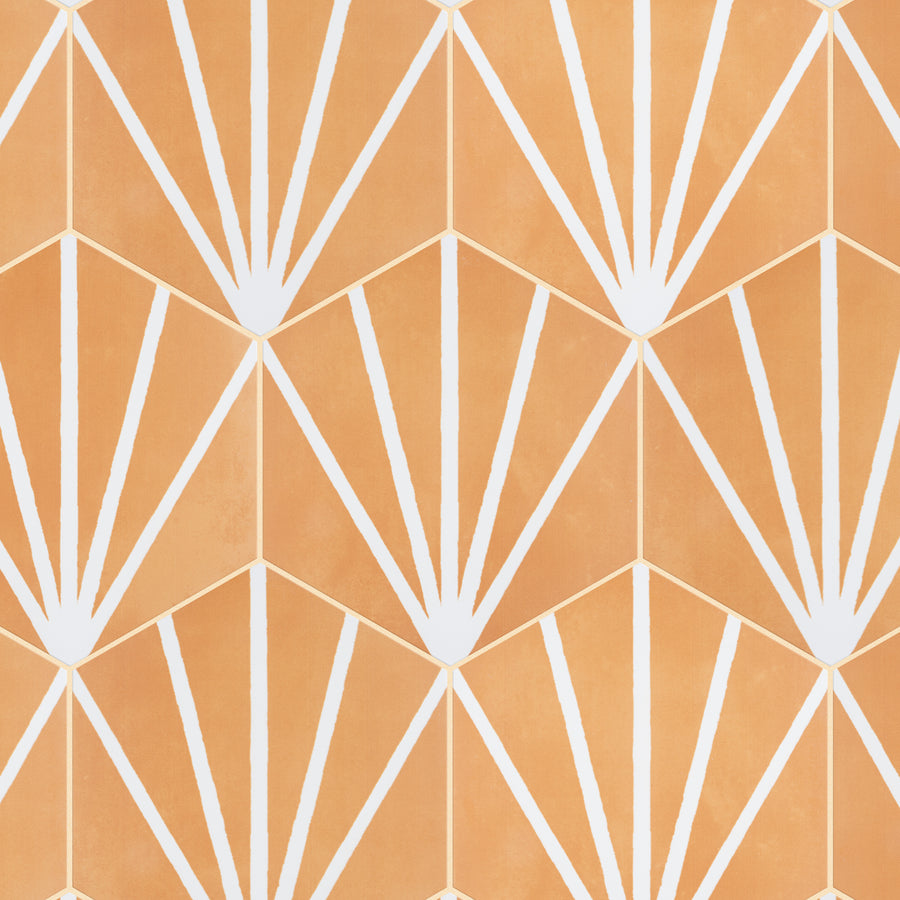 Geometric pattern with orange and white shapes, featuring symmetrical fan-like designs arranged in a repeating hexagonal layout. The pattern creates a modern, visually striking appearance.