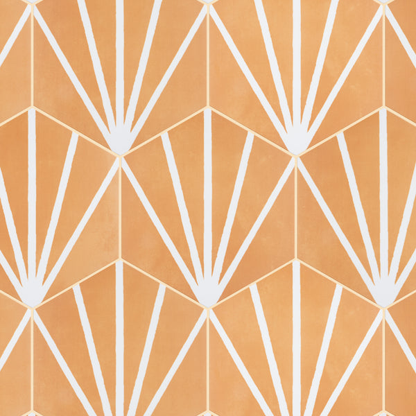 Geometric pattern with orange and white shapes, featuring symmetrical fan-like designs arranged in a repeating hexagonal layout. The pattern creates a modern, visually striking appearance.