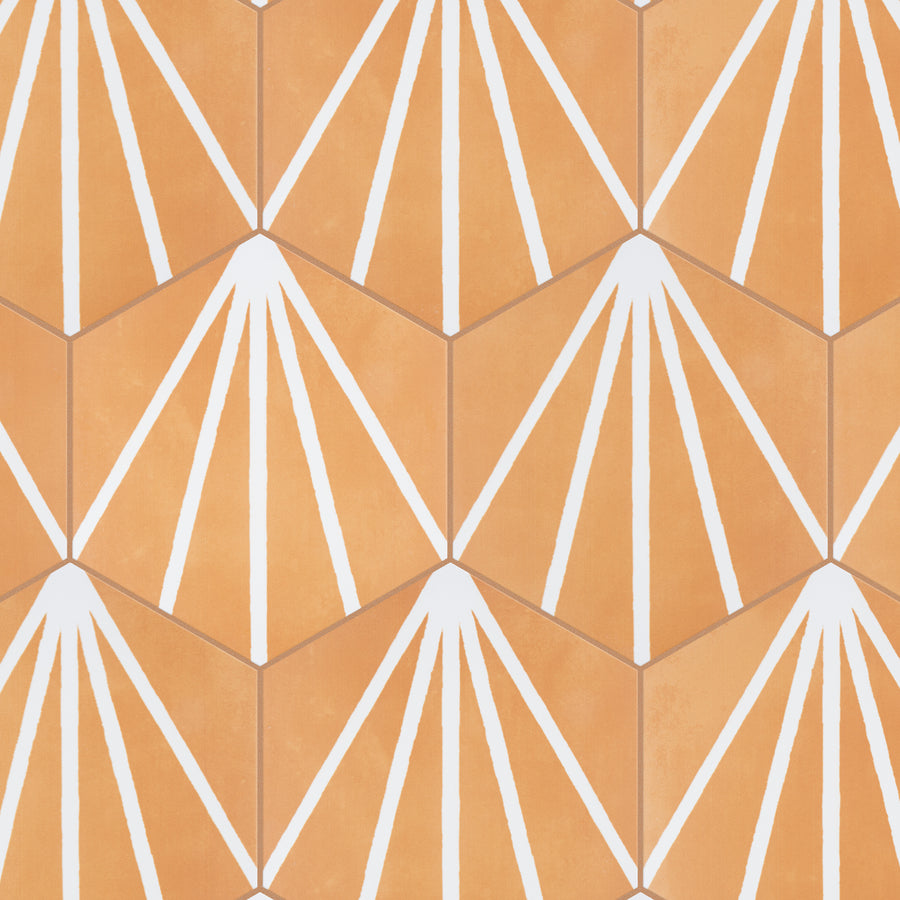 Geometric pattern of orange hexagons with white lines radiating from one point in each hexagon, creating a fan or sunburst effect across the tiled surface.