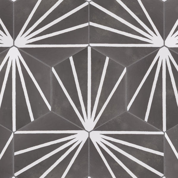 Geometric tile pattern with dark hexagons featuring white, radiating lines forming fan shapes at each corner, creating a repeating, symmetrical design.