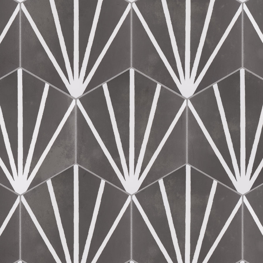 Geometric pattern with hexagonal shapes and white lines forming fan-like designs on a dark gray background, arranged in a repeating, symmetrical layout.