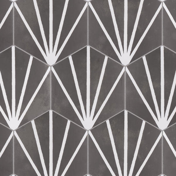 Geometric pattern with hexagonal shapes and white lines forming fan-like designs on a dark gray background, arranged in a repeating, symmetrical layout.