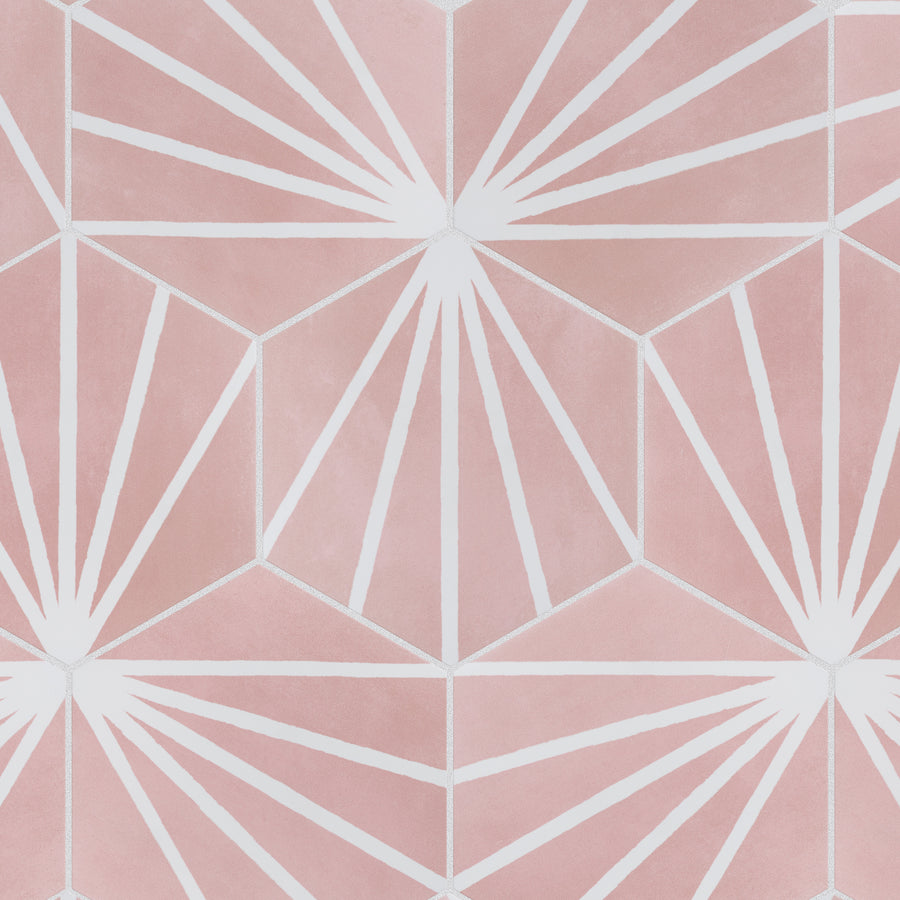Geometric pattern with pink hexagons and white lines radiating from points within each hexagon, creating a sunburst effect across the tile-like design.