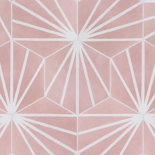 Geometric pattern with pink hexagons and white lines radiating from points within each hexagon, creating a sunburst effect across the tile-like design.