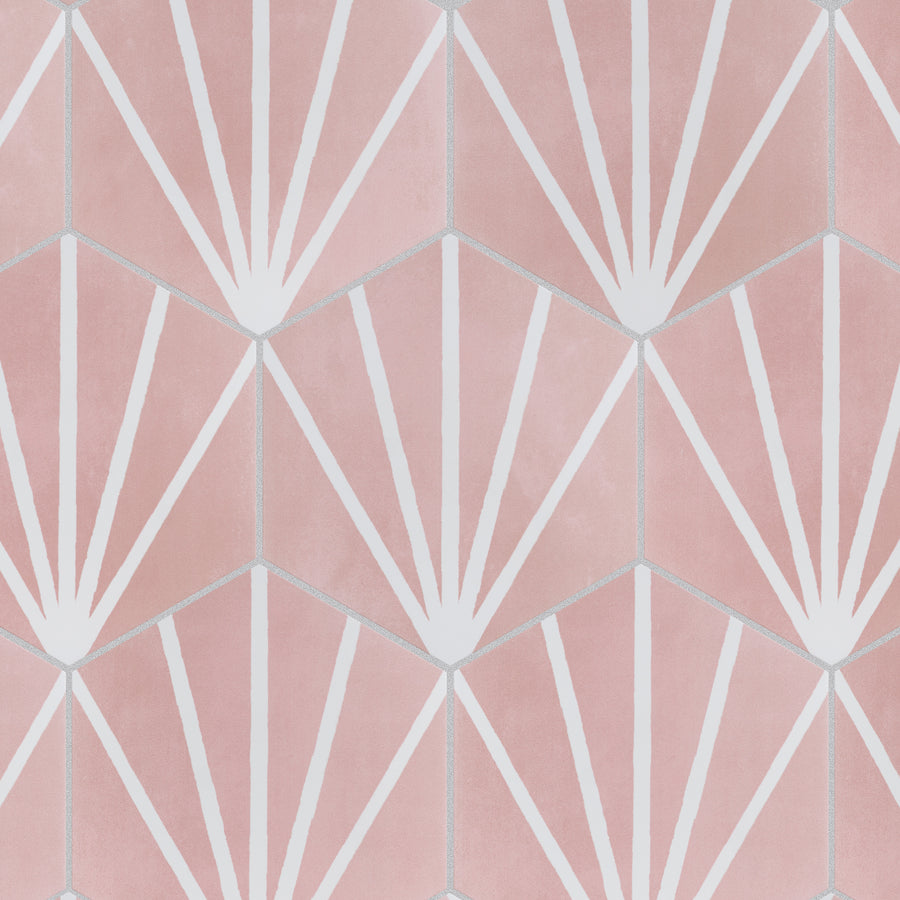 Geometric pattern with hexagonal shapes in shades of pink, featuring white lines radiating outwards from a point in each hexagon, creating a fan or sunburst effect.