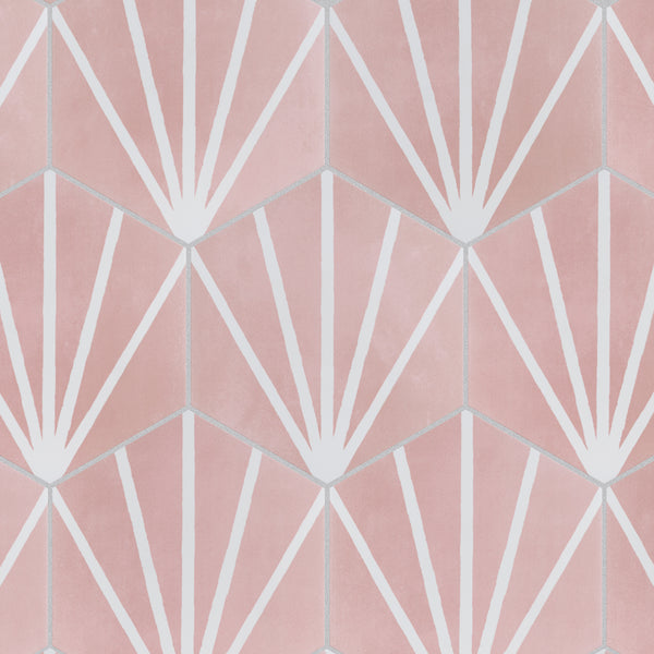 Geometric pattern with hexagonal shapes in shades of pink, featuring white lines radiating outwards from a point in each hexagon, creating a fan or sunburst effect.