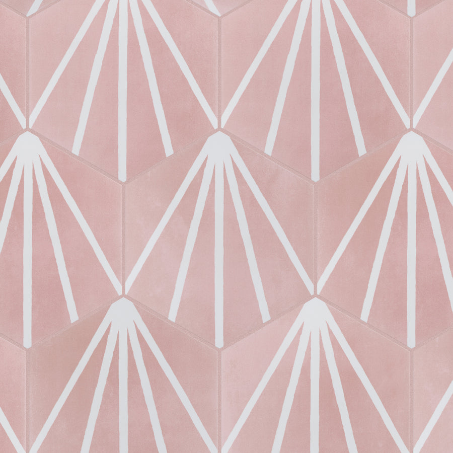 Geometric pattern of hexagonal tiles in soft pink, each featuring a white sunburst design radiating from one edge, creating a repeating, symmetrical motif across the image.