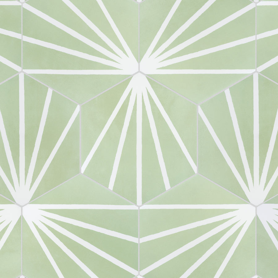 Geometric pattern with white lines forming starburst shapes on a pale green hexagonal background. The design is symmetrical and repetitive, creating a modern, abstract look.