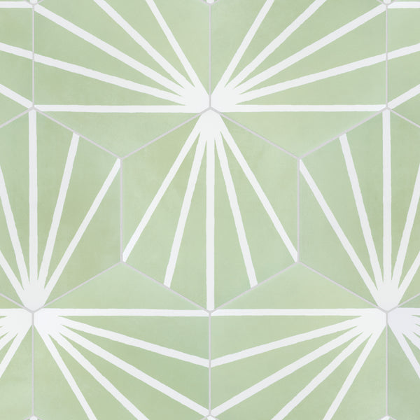 Geometric pattern with white lines forming starburst shapes on a pale green hexagonal background. The design is symmetrical and repetitive, creating a modern, abstract look.