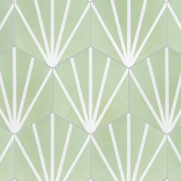 Geometric pattern featuring white lines radiating from a point on green hexagonal tiles, forming a fan-like or sunburst design. The background is a soft, pastel green.
