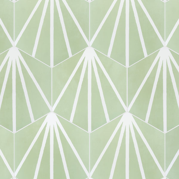 Geometric pattern with light green hexagons and white lines forming fan or sunburst shapes, creating a repeating symmetrical design on a soft green background.