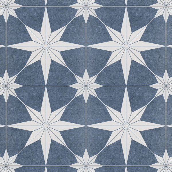 Patterned tile design featuring repeating white eight-pointed stars on a blue background, with smaller star shapes between larger ones, forming a geometric and symmetrical motif.