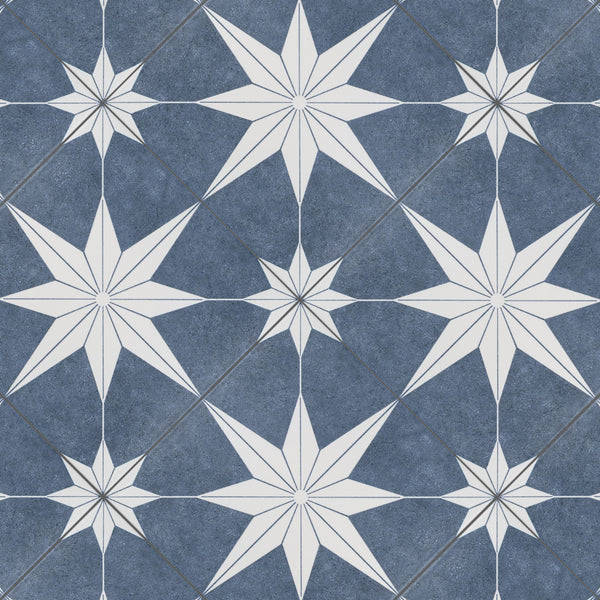 A repeating pattern of white eight-pointed stars on a textured dark blue background, separated by thin gray lines that form a grid-like structure. The design has a geometric, tile-like appearance.