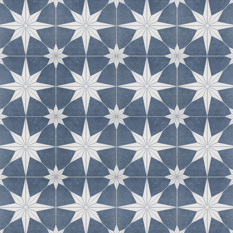 A repeating pattern of white eight-pointed stars on a textured, dark blue background, creating a geometric, tiled effect.