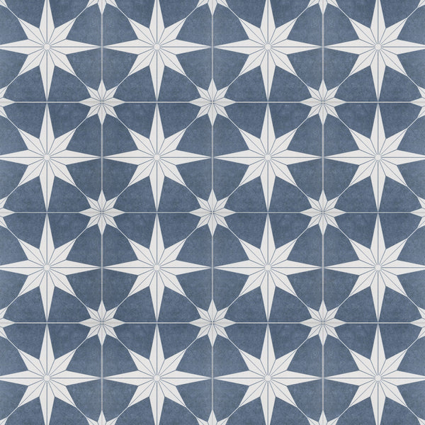 A repeating pattern of white eight-pointed stars on a textured, dark blue background, creating a geometric, tiled effect.