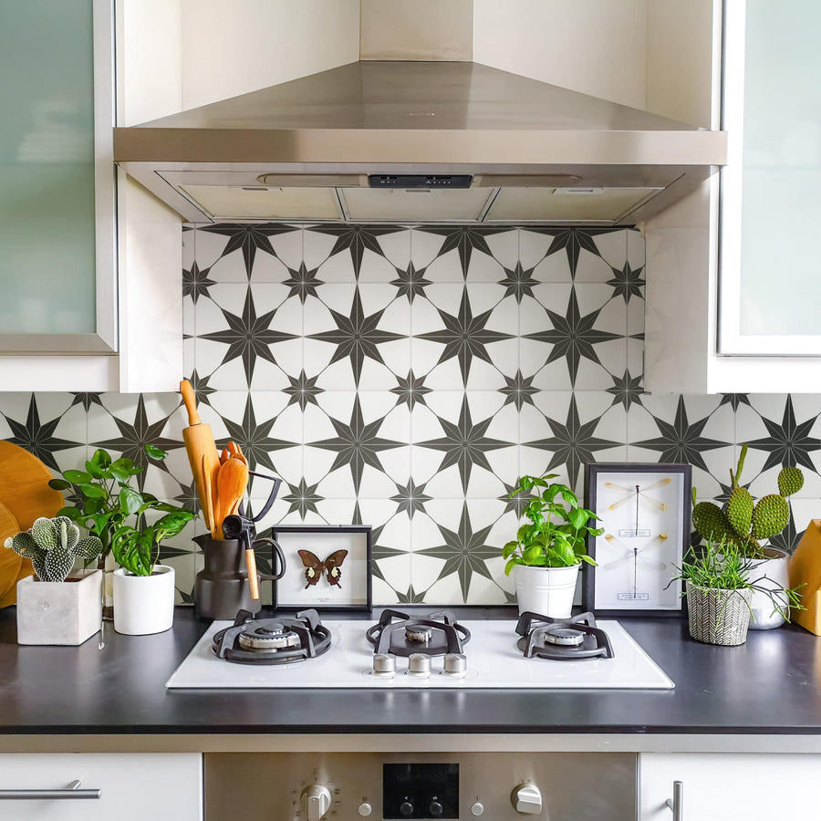A modern kitchen stove with two burners, surrounded by potted plants, kitchen utensils, and framed art, set against a geometric black and white tiled backsplash and stainless steel range hood.