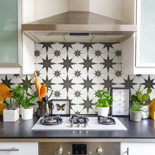 A modern kitchen stove with two burners, surrounded by potted plants, kitchen utensils, and framed art, set against a geometric black and white tiled backsplash and stainless steel range hood.