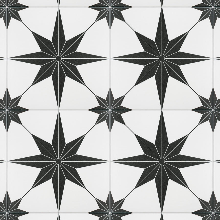 A repeating pattern of large black eight-pointed stars with smaller stars in between, all set on a white background, forming a geometric and symmetrical tile design.