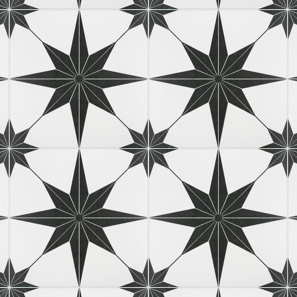 A repeating pattern of large black eight-pointed stars with smaller stars in between, all set on a white background, forming a geometric and symmetrical tile design.