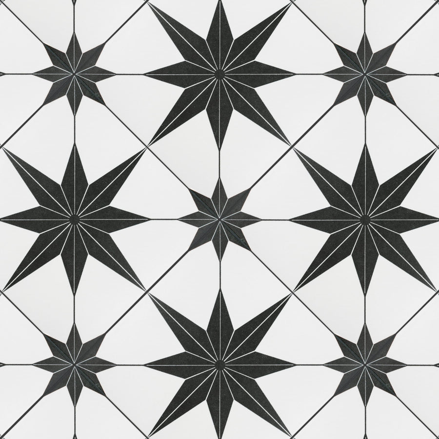 A repeating pattern of black, eight-pointed stars on a white background, with thin lines connecting the stars in a geometric, tiled arrangement.
