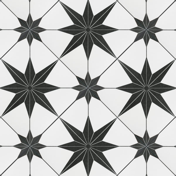 A repeating pattern of black, eight-pointed stars on a white background, with thin lines connecting the stars in a geometric, tiled arrangement.